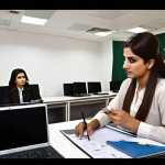 **Image Prompt:** A modern office setting in Pakistan. A female administrator, dressed in smart casual attire, is collaborating with colleagues on a budget planning document. The atmosphere is professional and collaborative. In the background, you can see the Pakistani flag subtly displayed.