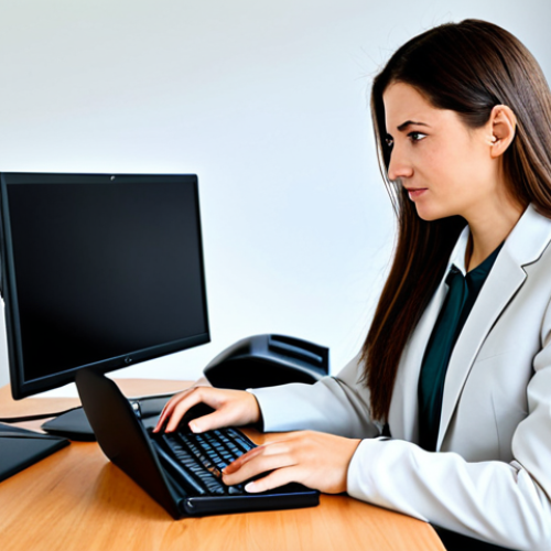 Home 24 A professional female administrative assistant in a modest business blazer and trousers, fully clothed, appropriate attire, sitting at a modern desk in a well-lit, organized office. She is focused on a computer screen, demonstrating proficiency in digital tools and data management. The setting includes a clean desk with a laptop and some office stationery. Professional photography, high-quality, safe for work, appropriate content, family-friendly. Perfect anatomy, correct proportions, natural pose, well-formed hands, proper finger count, natural body proportions.