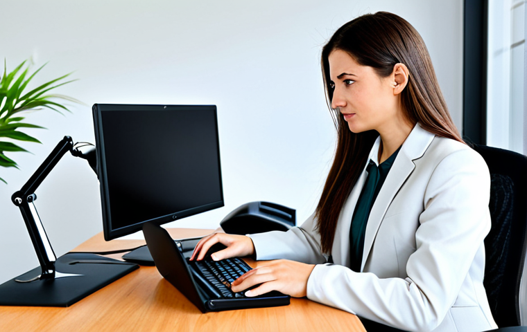 A professional female administrative assistant in a modest business blazer and trousers, fully clothed, appropriate attire, sitting at a modern desk in a well-lit, organized office. She is focused on a computer screen, demonstrating proficiency in digital tools and data management. The setting includes a clean desk with a laptop and some office stationery. Professional photography, high-quality, safe for work, appropriate content, family-friendly. Perfect anatomy, correct proportions, natural pose, well-formed hands, proper finger count, natural body proportions.
