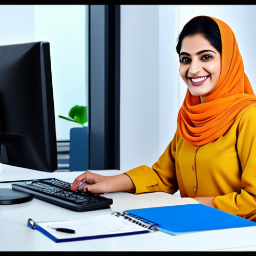Home 23 **
A female administrative assistant, fully clothed in a modest shalwar kameez, smiling warmly while organizing files in a bright, modern office. The office is clean and efficient, with computers and office supplies neatly arranged. Safe for work, appropriate content, professional, perfect anatomy, natural proportions, family-friendly.
**