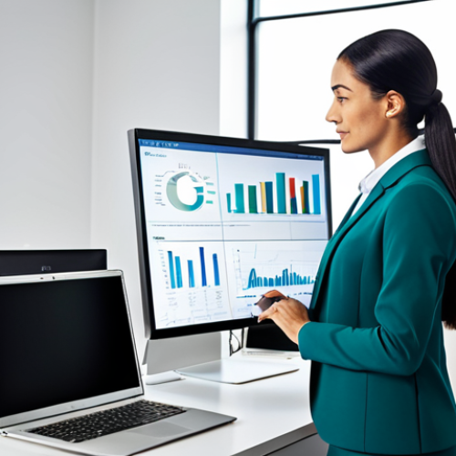 Home 22 **
"A professional businesswoman in a modest business suit, working at a modern office desk. She is reviewing data analytics on a computer screen. The background shows a diverse team collaborating in a bright, open-plan office. Fully clothed, appropriate attire, safe for work, perfect anatomy, natural proportions, professional, family-friendly, high quality."
**