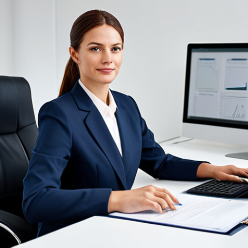 Home 9 **
A professional administrator in a modest business suit, sitting at a clean desk in a modern office, fully clothed, appropriate attire, safe for work, perfect anatomy, natural proportions, professional photography, high quality, family-friendly. The office has computers and neat files on the desk, projecting an image of efficiency and responsibility.
**