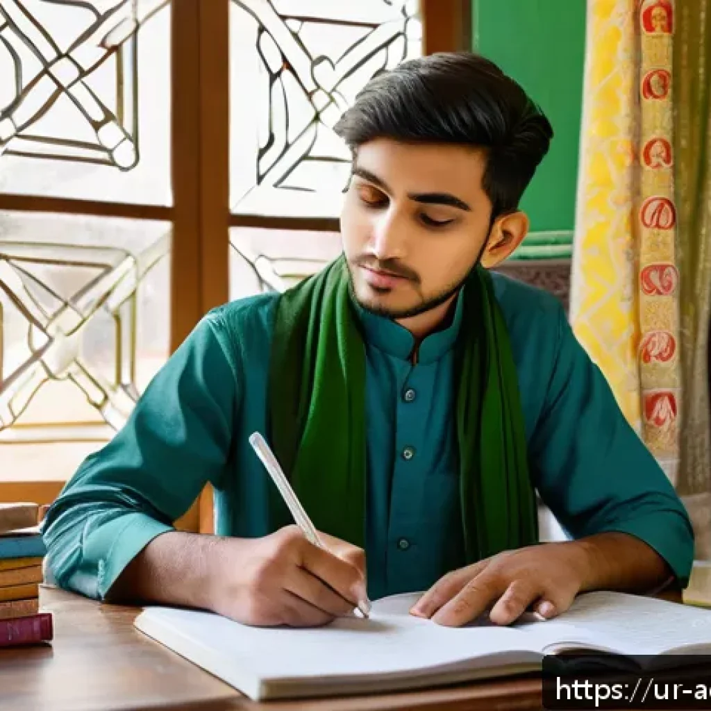 행정관리사 시험 준비 과정 브이로그 - A focused young South Asian student sitting at a traditional wooden desk with Urdu textbooks, colorf...