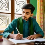 Home 21 행정관리사 시험 준비 과정 브이로그 - A focused young South Asian student sitting at a traditional wooden desk with Urdu textbooks, colorf...