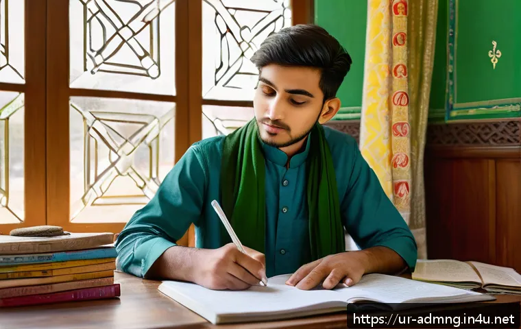 행정관리사 시험 준비 과정 브이로그 - A focused young South Asian student sitting at a traditional wooden desk with Urdu textbooks, colorf...